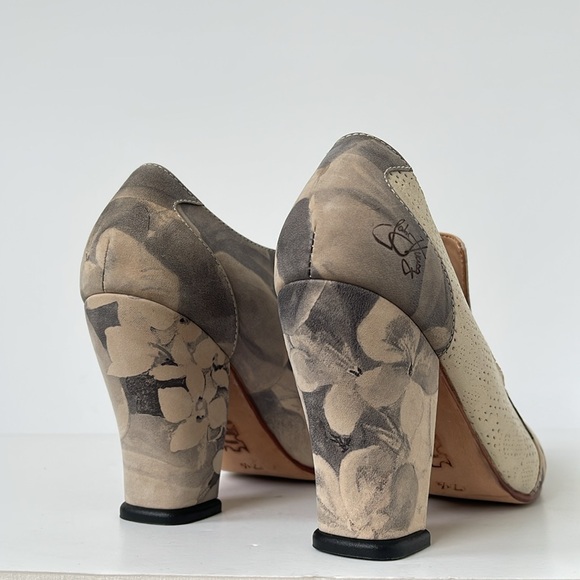 John Fluevog Vintage Floral Leather Booties Block Heel Size 7.5 Rare Art Deco - Picture 6 of 11